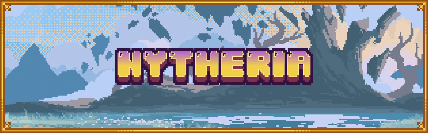 Nytheria – pixel-art banner with the pack logo in front of floating islands
